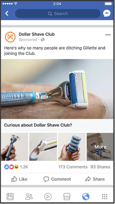 A Facebook ad from Dollar Shave Club with the copy, "Here's why so many people are ditching Gilette and joining the Club." A perfect example to learn copywriting.