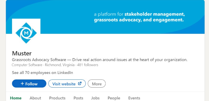 Muster's LinkedIn page demonstrates a few ways advocacy groups can use the platform for social media advocacy. 