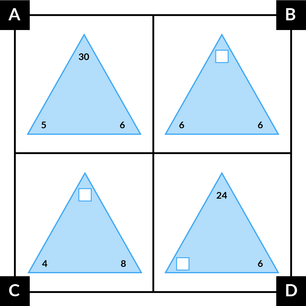 A muestra un triángulo con un 30 en la parte superior, un 5 y un 6 en las esquinas inferiores. B muestra un triángulo con un valor desconocido en la parte superior, un 6 y un 6 en las esquinas inferiores. C muestra un triángulo con un valor desconocido en la parte superior, un 4 y un 8 en las esquinas inferiores. D muestra un triángulo con un 24 en la parte superior, un valor desconocido y un 6 en las esquinas inferiores.