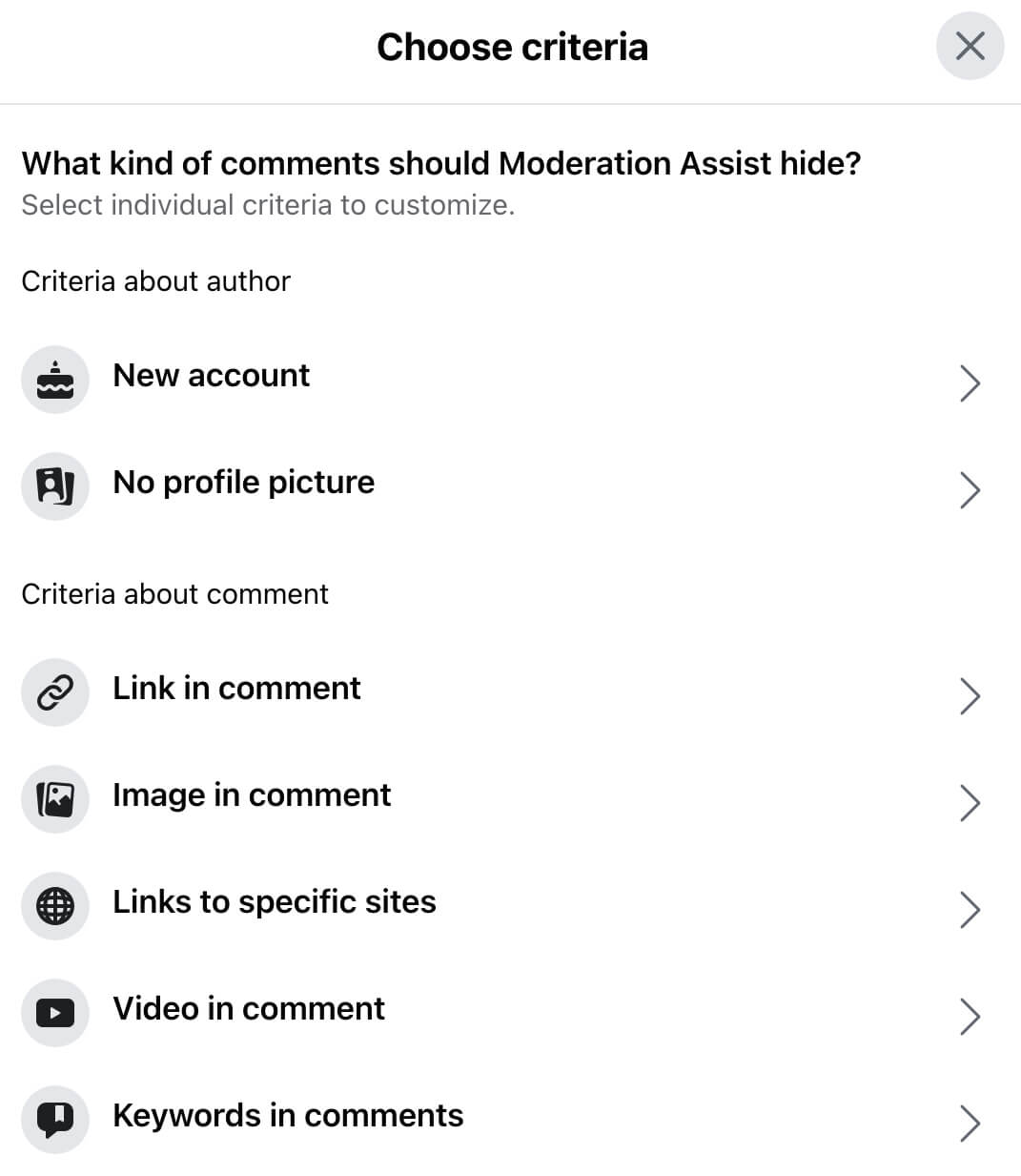 criteria settings for facebook moderation assist