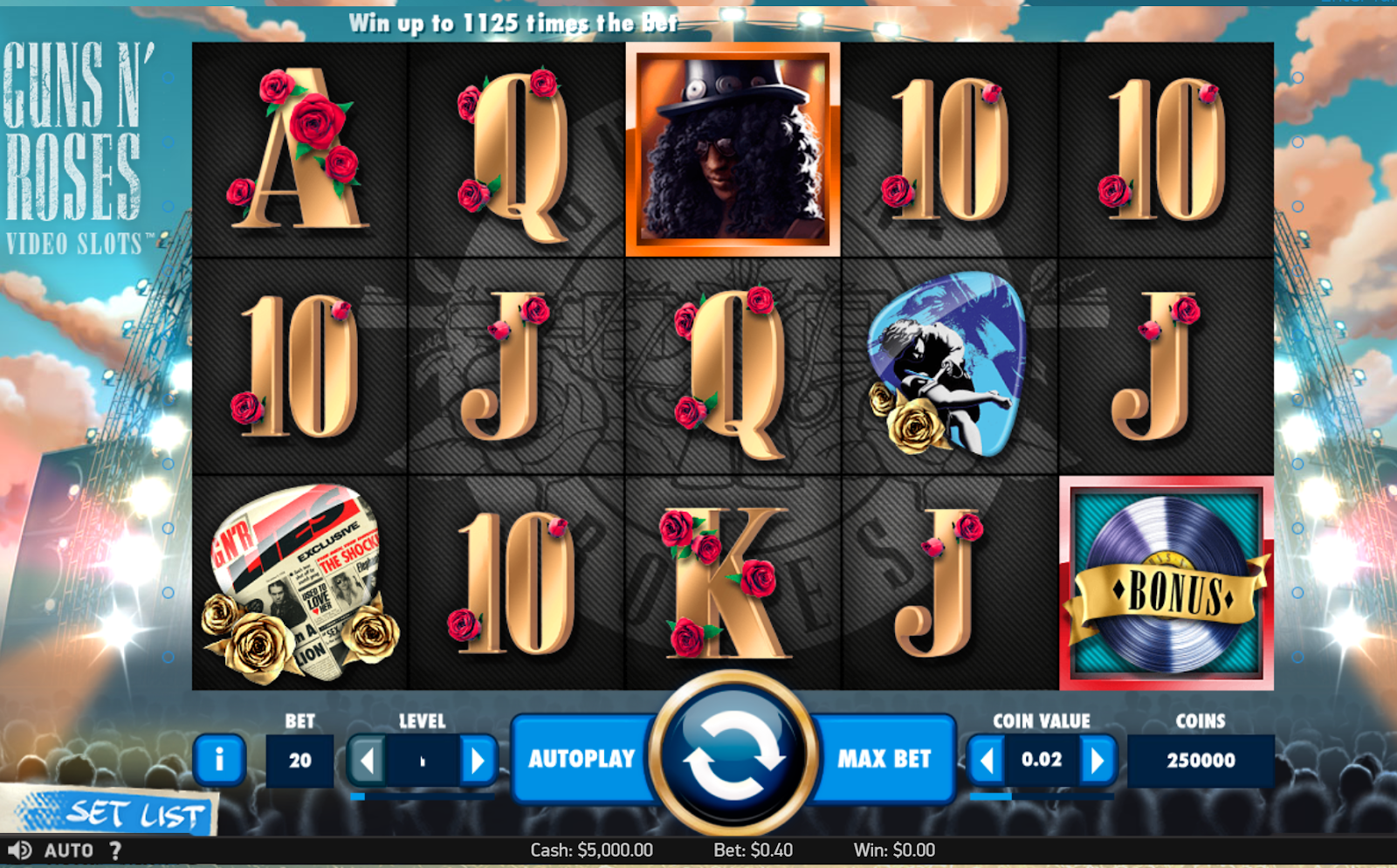 an image of the slot game guns and roses with characters with roses and vinyl.