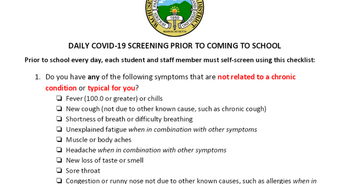 Screening Prior to Coming to School (Students and Staff)