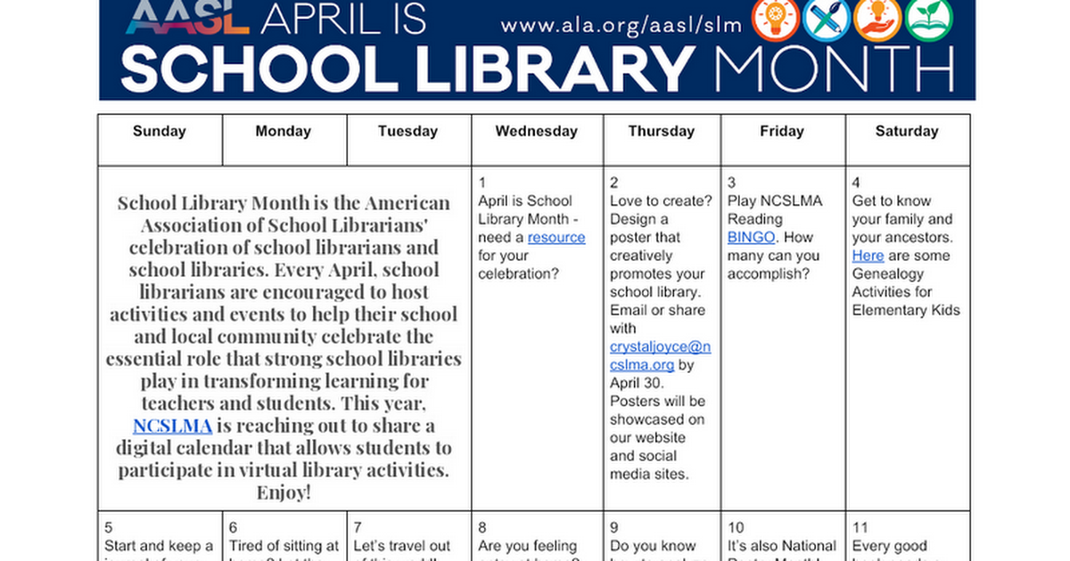 April 2020 Virtual Activities for School Library Month