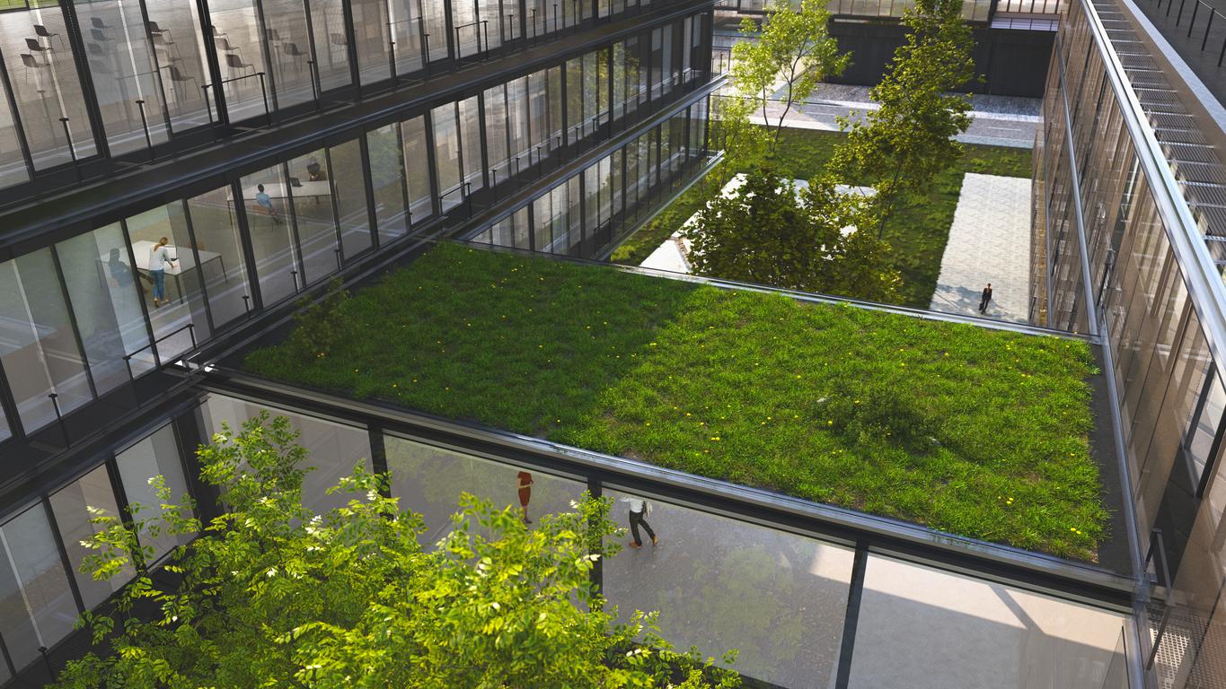 Image of an office complex implementing sustainable building design principles
