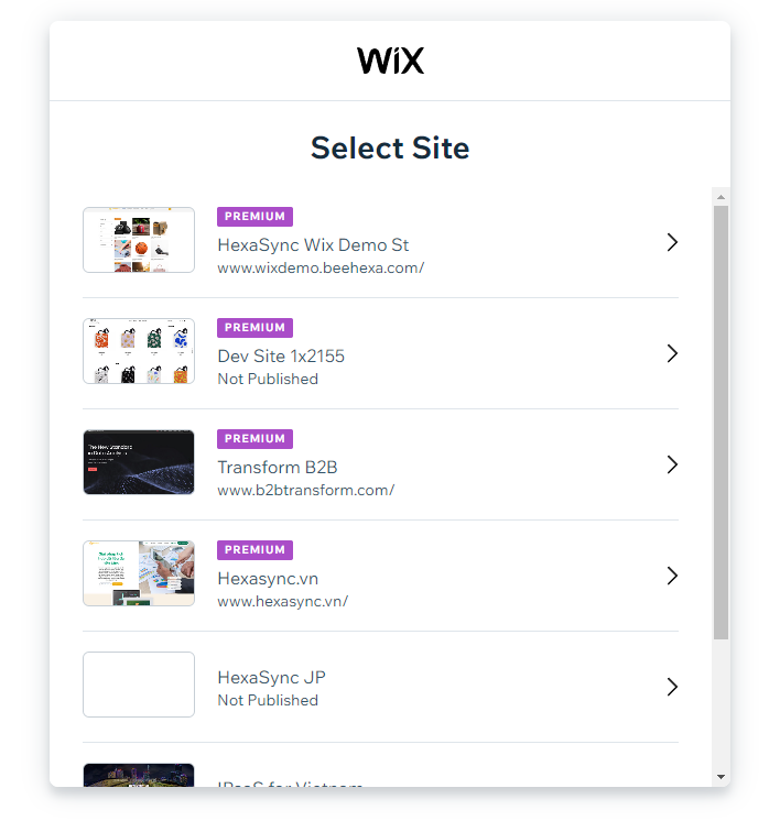 Select your Wix Store to use HexaSync App