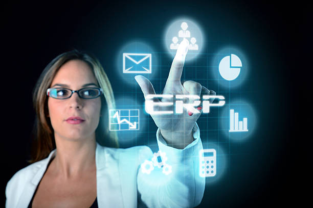 ERP computer software concept businesswoman selecting interface ERP computer software concept businesswoman selecting interface Erp stock pictures, royalty-free photos & images
