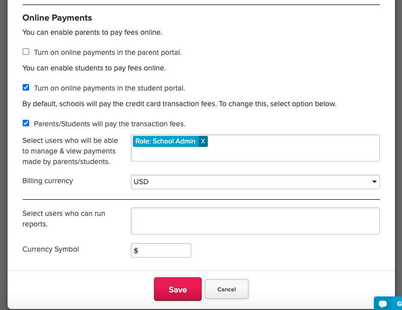 Online Payments feature at QuickSchools