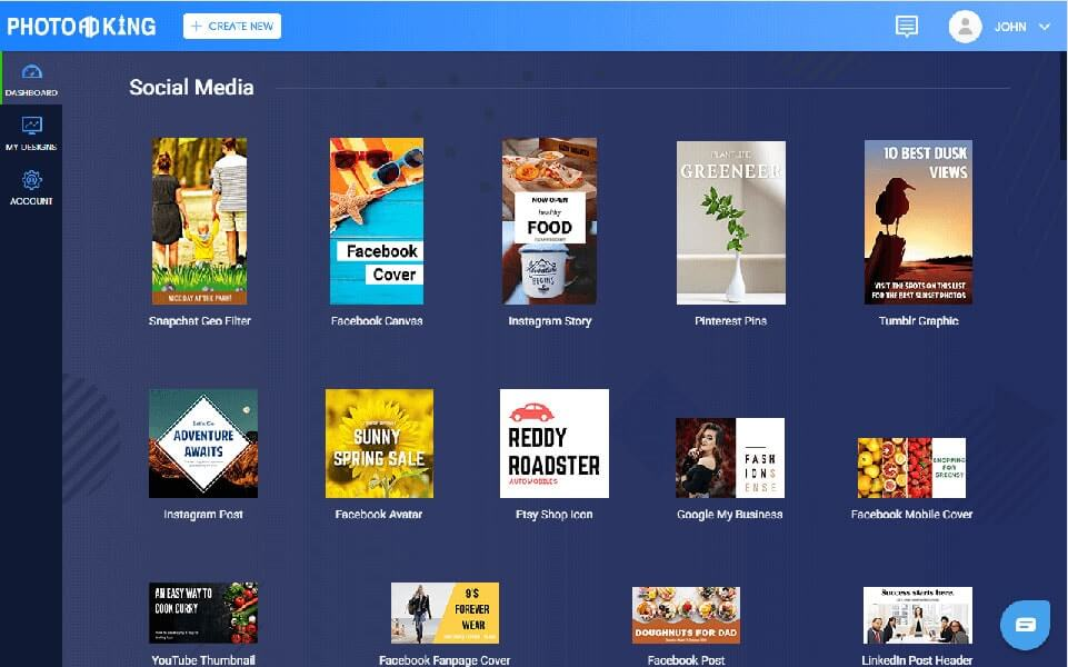 photoadking dashboard with social media templates