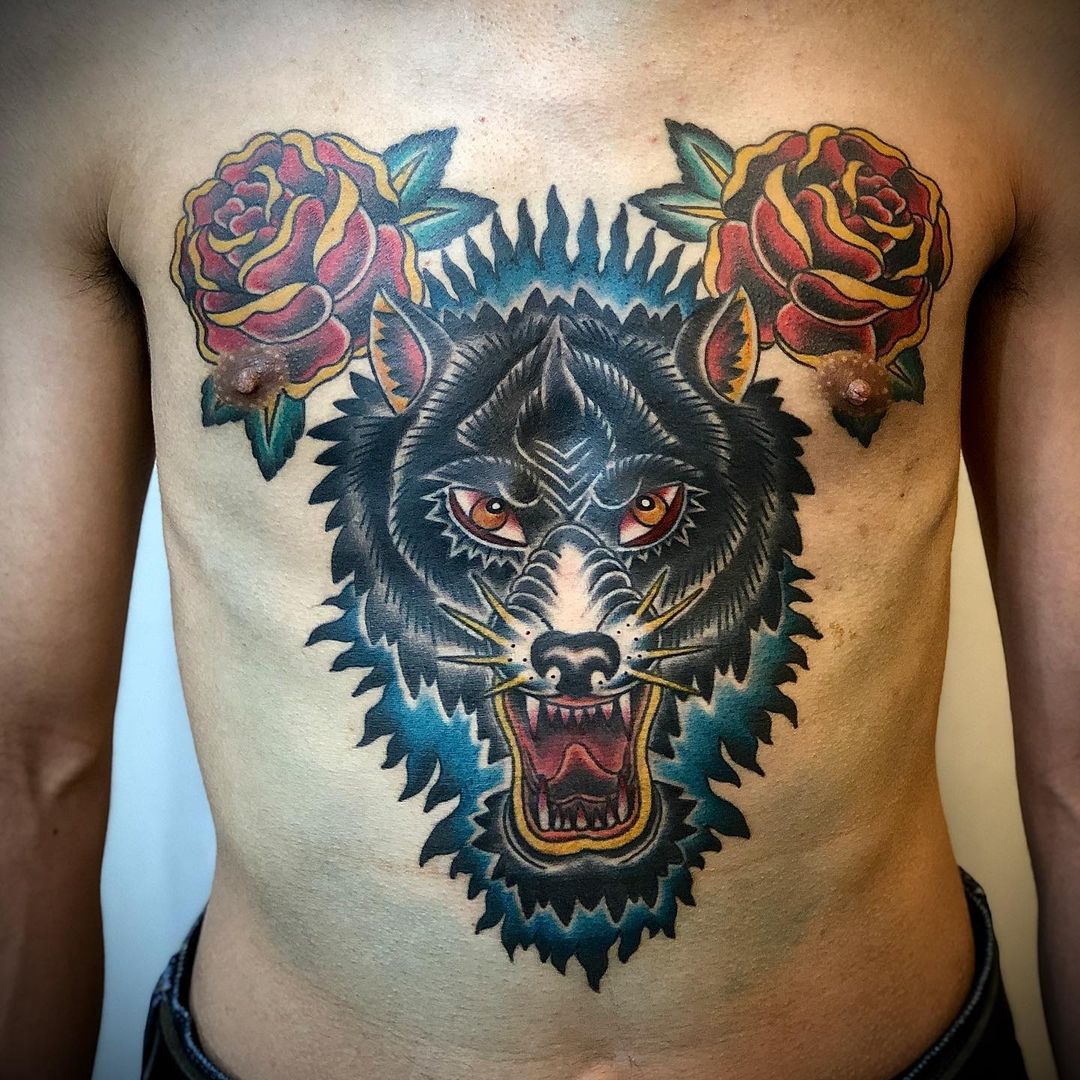 Flower And Wolf Tattoo