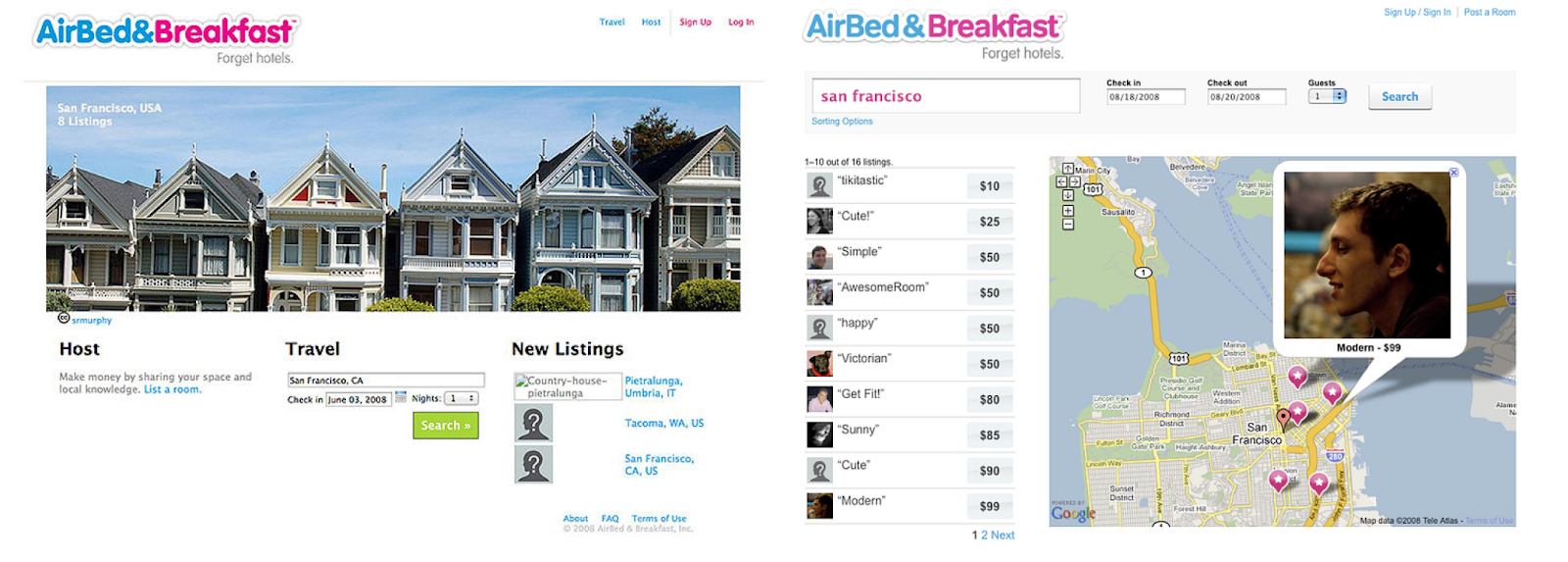 AirBedandBreakfast, Arbnb MVP website home page and search results.