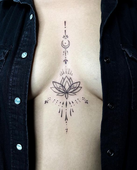 Moon  Flower Chest Tattoo For Women