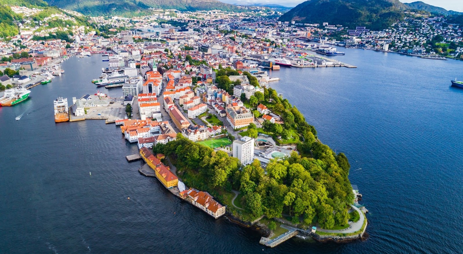 Aerial flight view of Old Town in Bergen, Norway