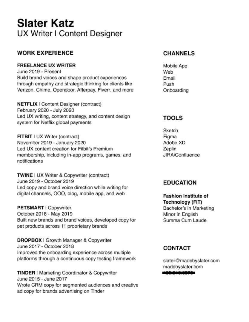 ux writer resume