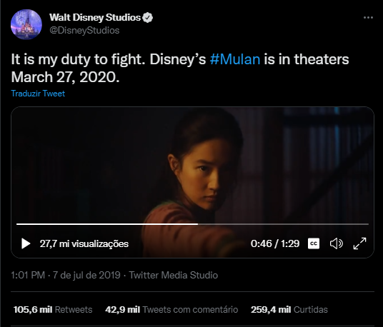 Captação de tela realizada no Twitter @DisneyStudios