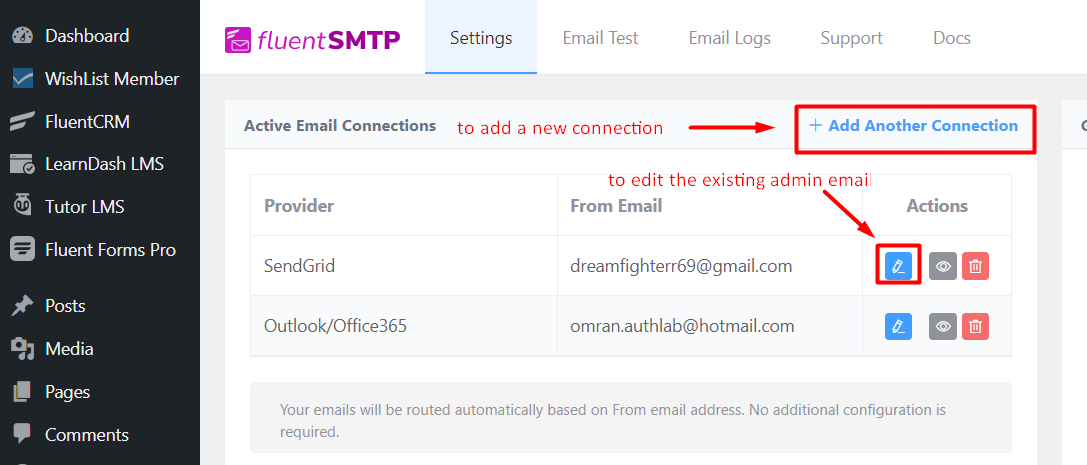 FluentSMTP settings 