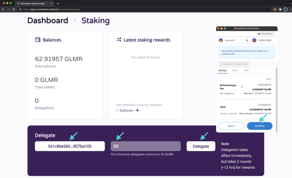 Capture d'écran de validation du transfert de vos tokens GLMR via Metamask dans une délégation Moonbeam.