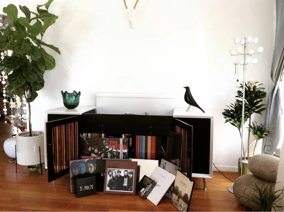 Vinyl record collection in front of Wrensilva M1 record console