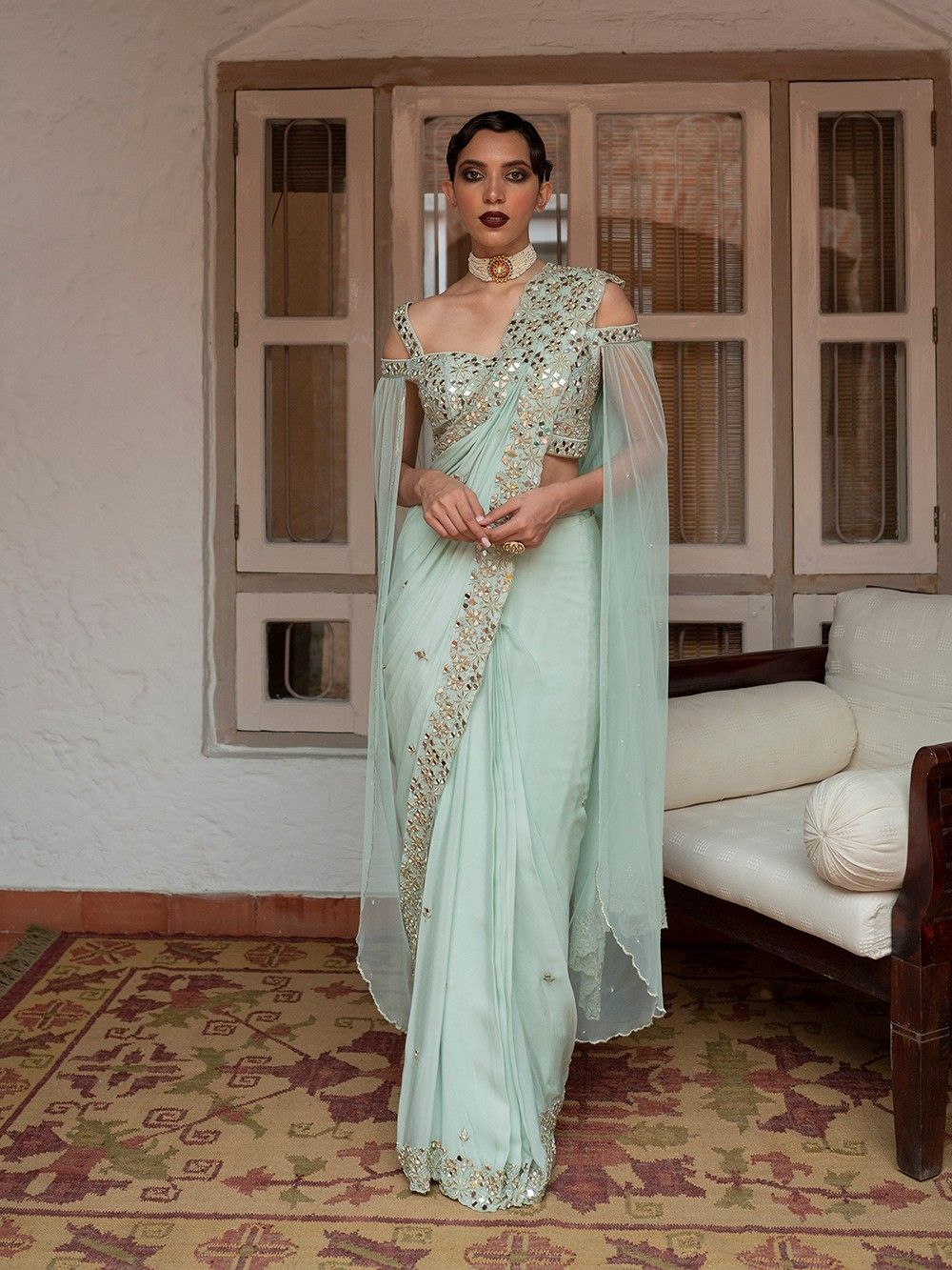 the loom - Mint Blue Mirror Silk Saree