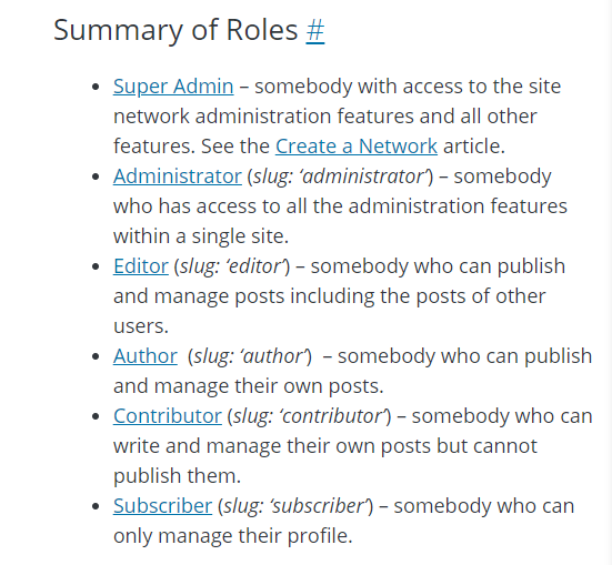 WordPress site roles and capabilities