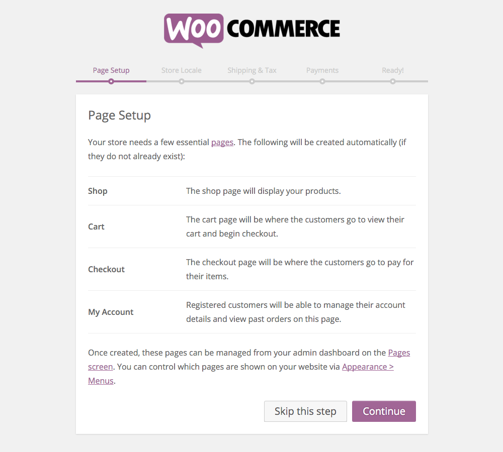 Configuração do WooCommerce: Páginas
