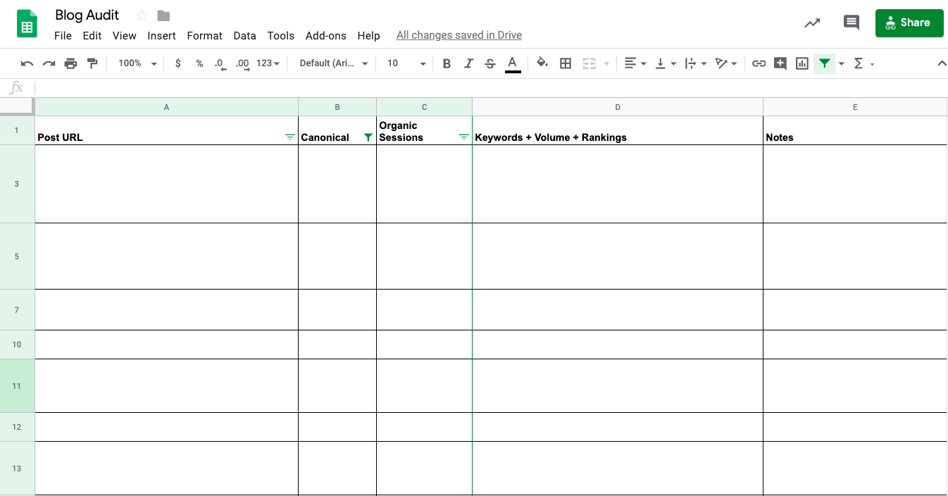 SEO content audit spreadsheet example 