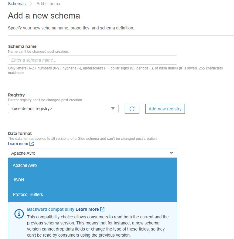 add a new Schema Registry with AWS Glue