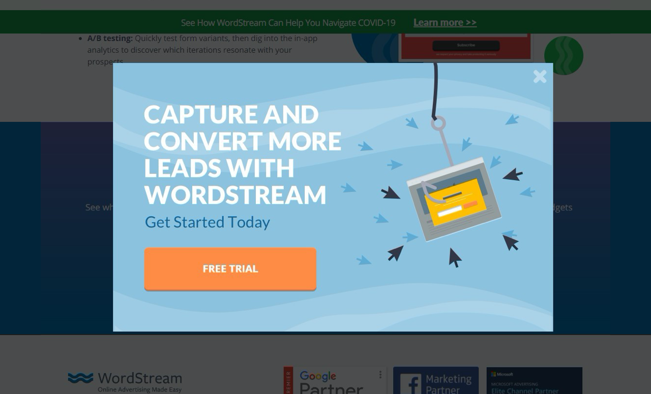 WordStream free trial promotion pop-up advertisement