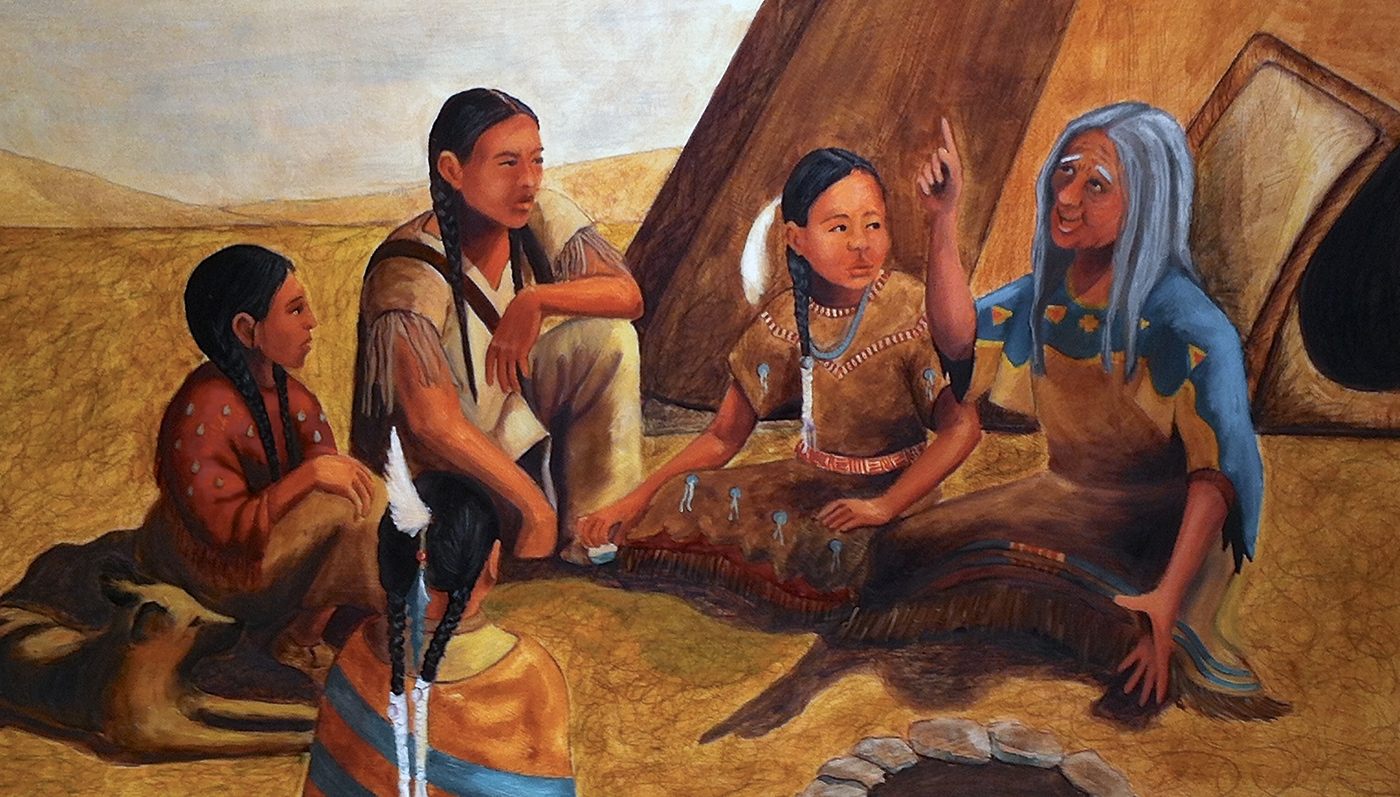 Animation of an Indian tribe, a man tells something to his tribe