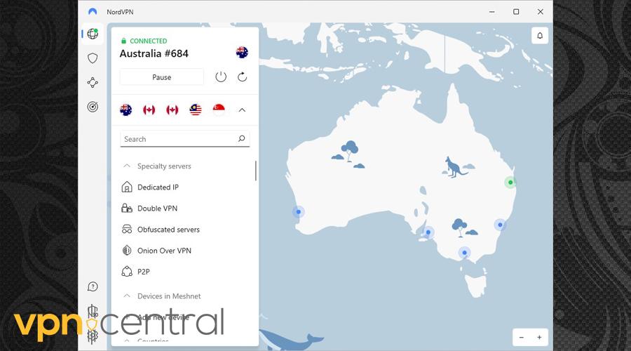 NordVPN connected to a server in Australia