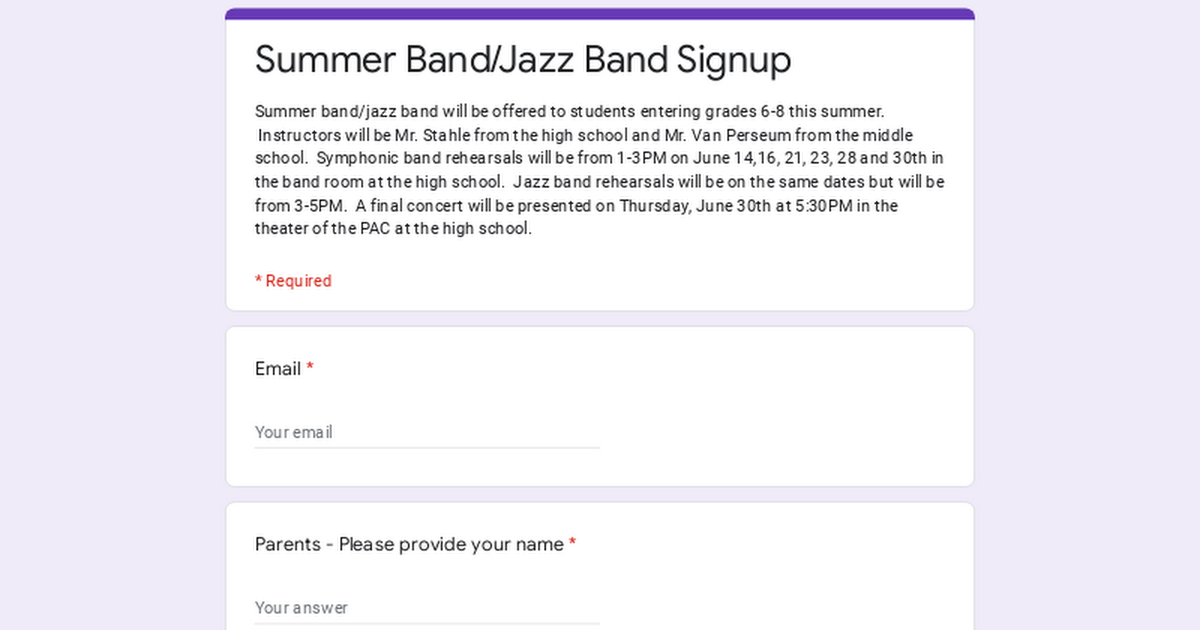 Summer Band/Jazz Band Signup