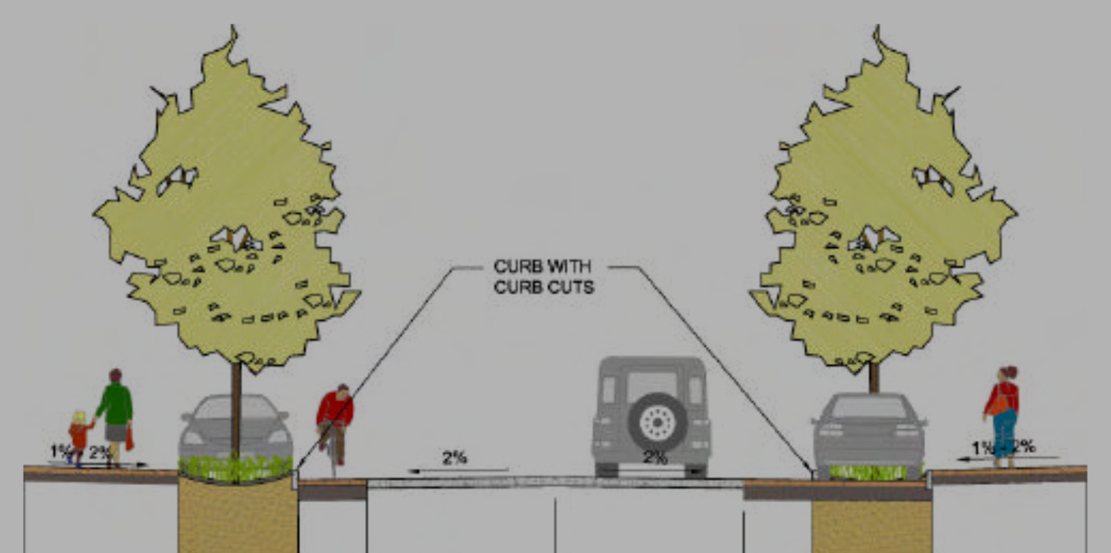 Diagram of two curb openings allowing stormwater to drain into street trees and infiltrate the soil.