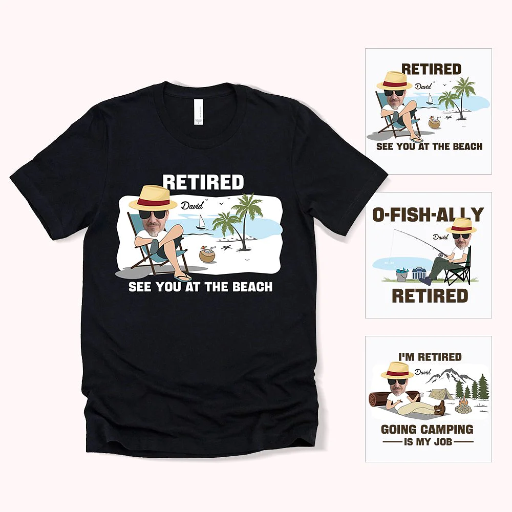 t-shirt noir avec photo du visage imprimé sur le dessin d’un homme assis dans un transat, en bord de mer, avec prénom personnalisé. Autres thèmes en médaillon.
