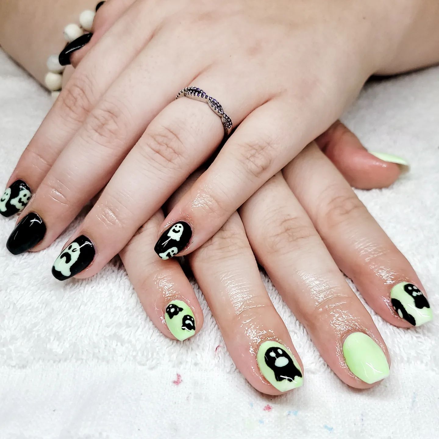 Short Black and White Ghosties Nails