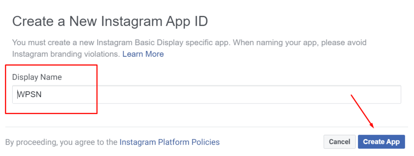 Create app for Instagram access token