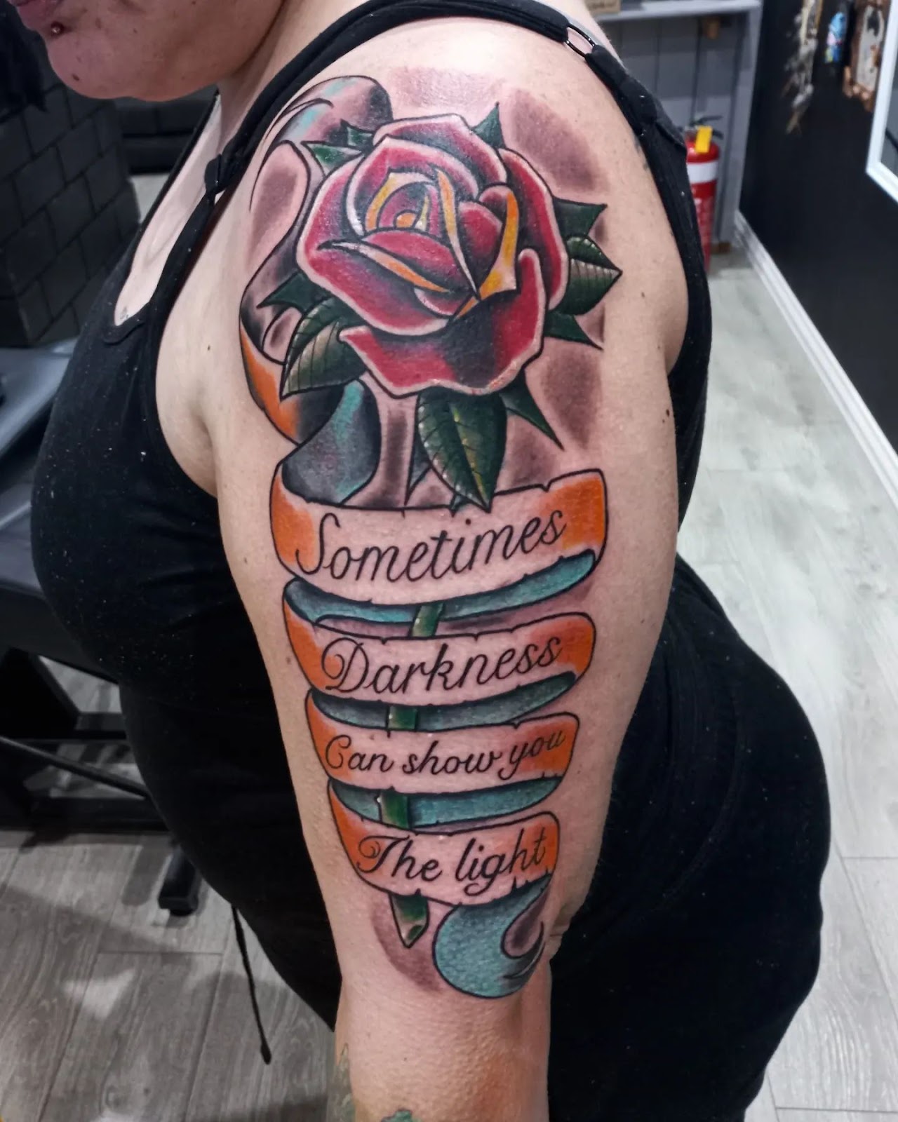 Multicolor Rose With Quote Classy Shoulder Tattoos Female