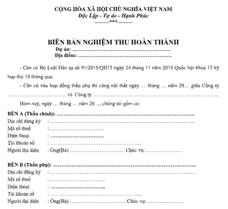 Mẫu biên bản nghiệm thu hoàn thành 