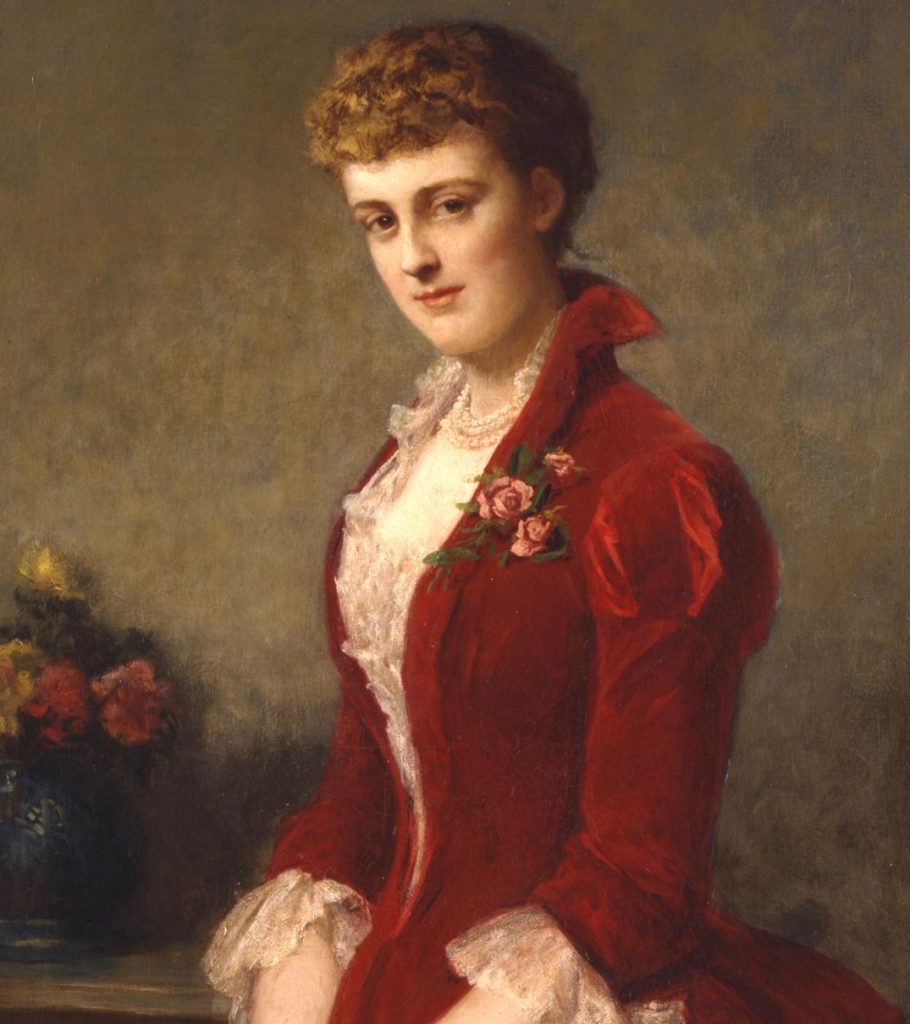 A painting Edith as a young woman dressed in a red overcoat