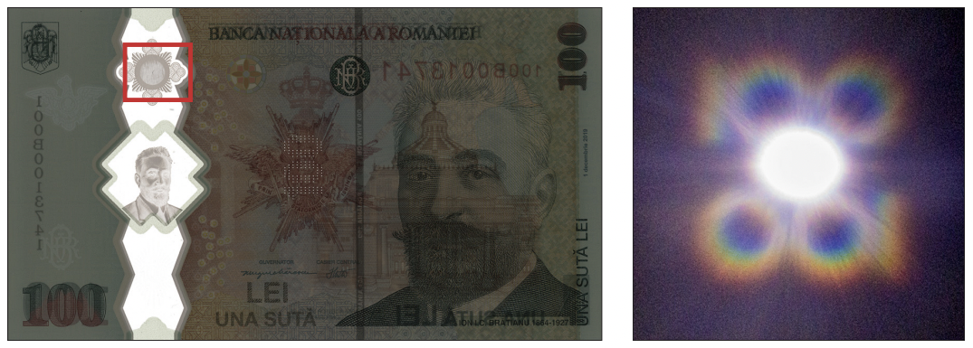 The diffraction of light reveals the number 100 in the clear window of the Romanian leu note