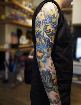 Full Sleeve Black And Gold Chrysanthemum Tattoo