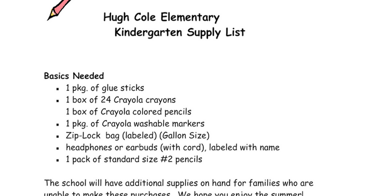 Kindergarten Supply List_Hugh Cole 2020 