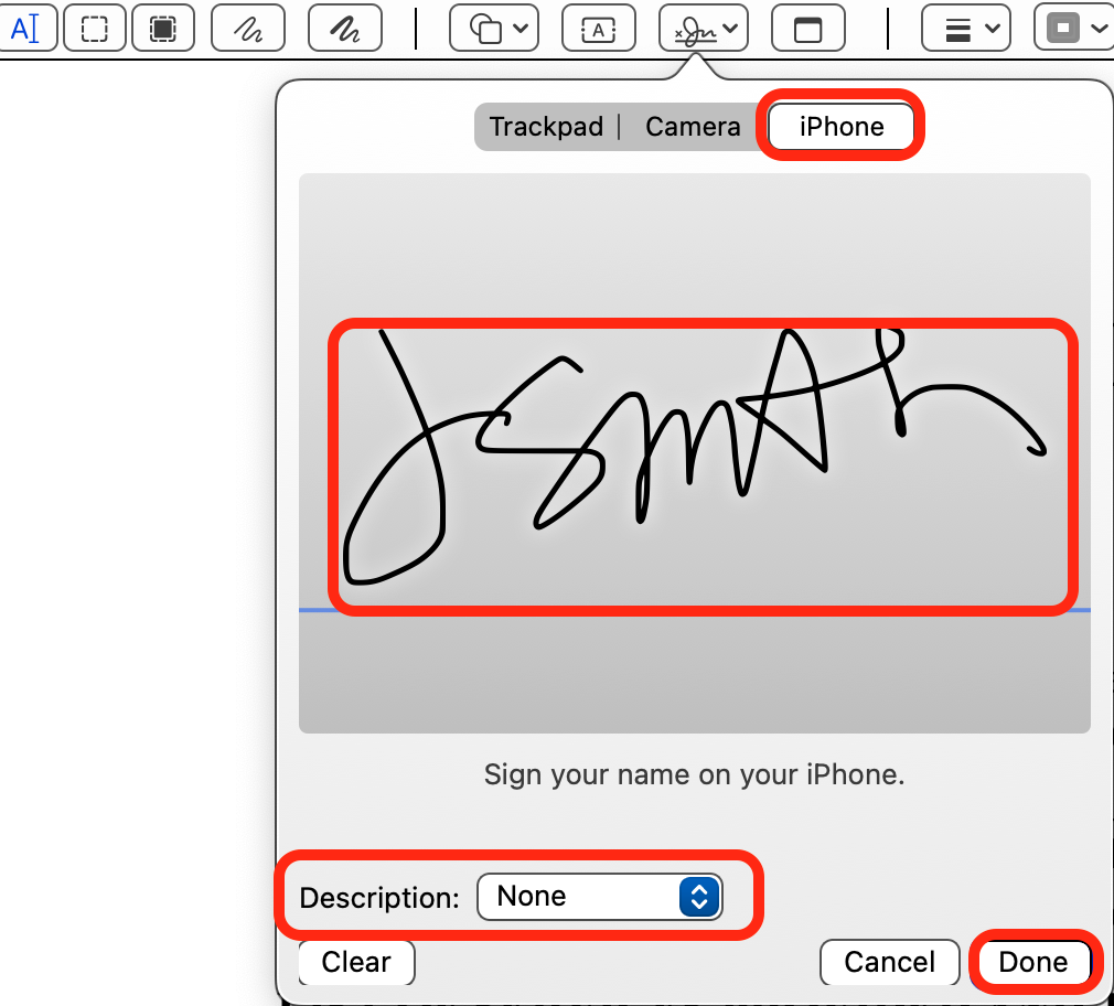 Mac Preview App Markup Signature tool with an iPhone signature.