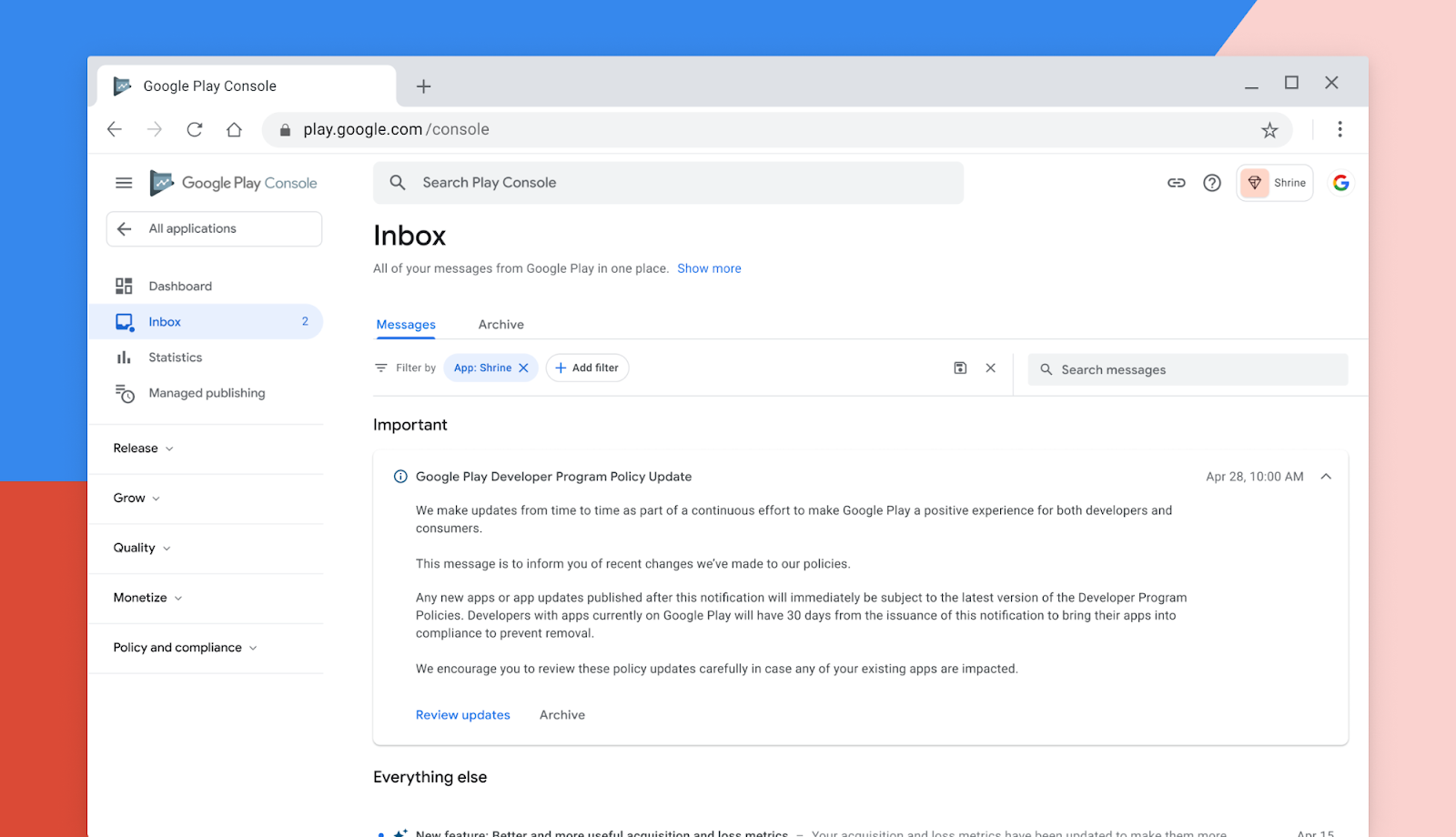 new Google Play Console Inbox