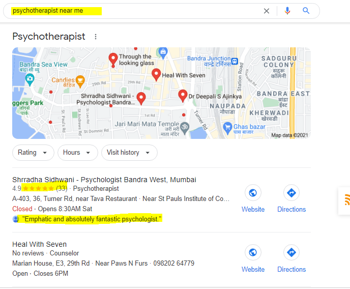 Google My Business Listing for the keyword psychotherapist near me