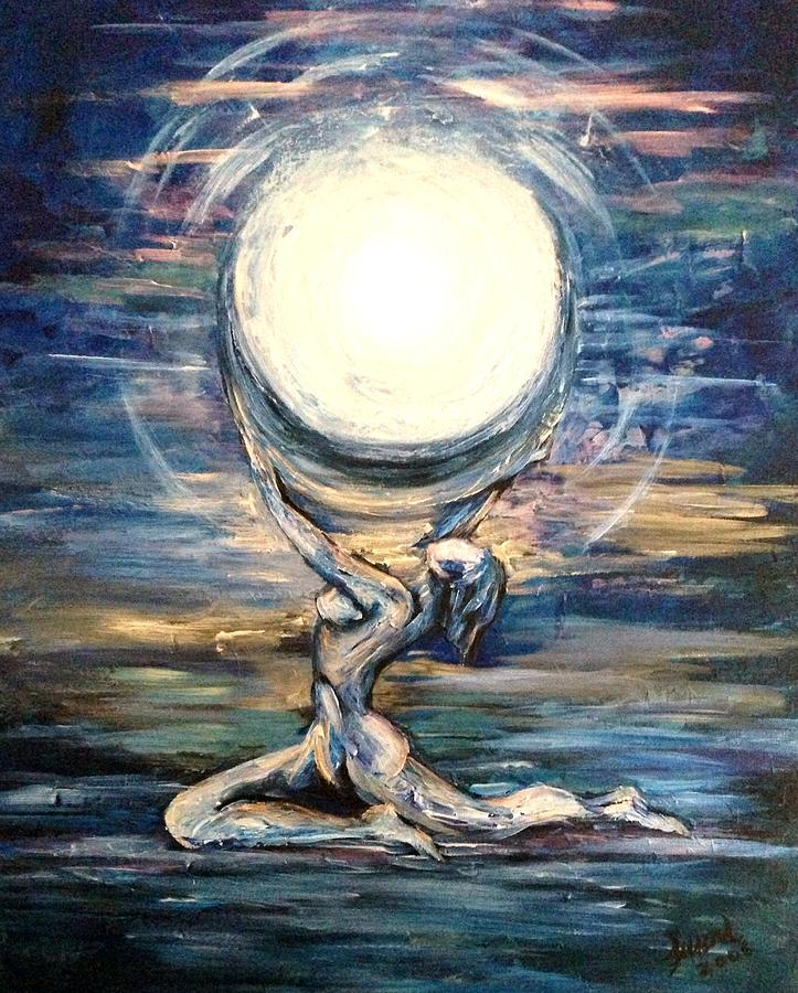 This cool-toned painting portrays a feminine silhouette holding the moon above her body, almost as if in reverence while seated on the ground.  