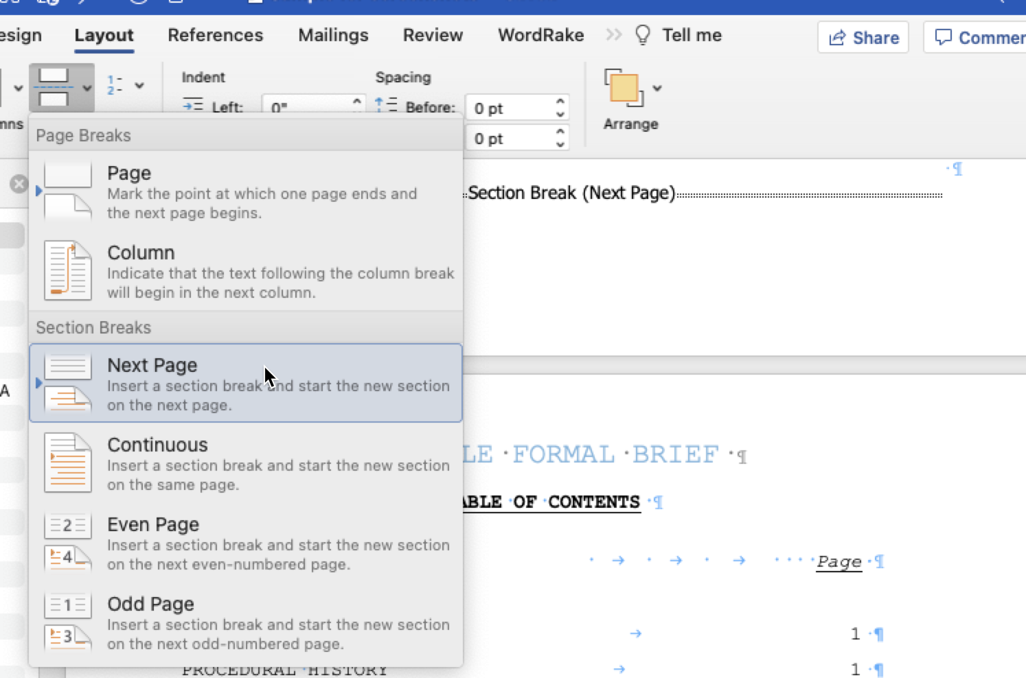 Word for Mac Layout Tab, Breaks menu selected, cursor on Next Page to create a section break, next page.