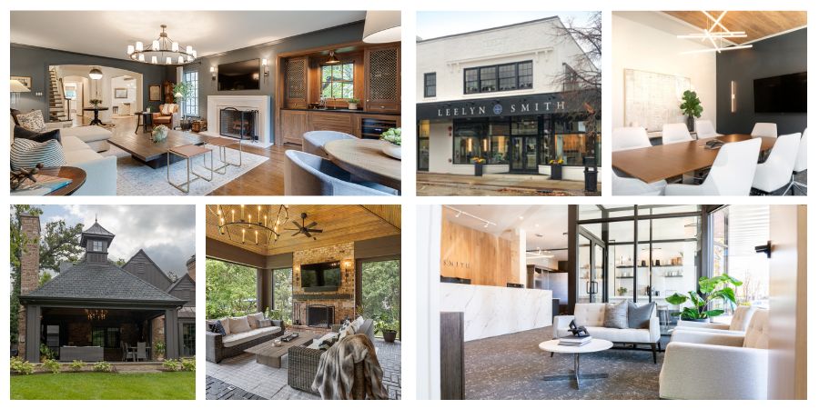 Photo collage of a residential remodel  transitional living room, a covered porch exterior, an outdoor porch with beaded ceiling and fireplace, and a commercial remodeled property exterior, meeting room with modern lighting and wood ceiling and lobby space with natural wood and white quartz