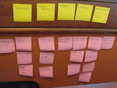 A board with some two dozen sticky notes organized by color into two groups.