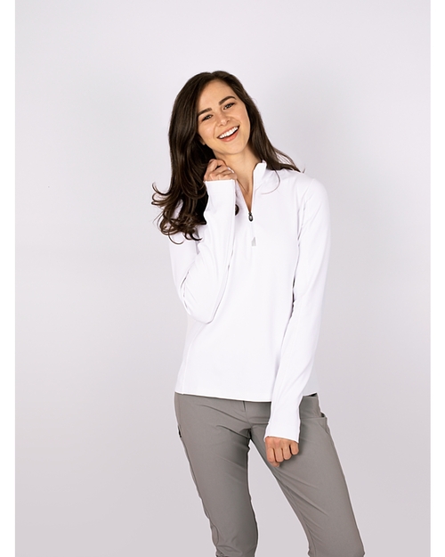 Woman Wearing The Traverse Stretch Quarter Zip Pullover In White