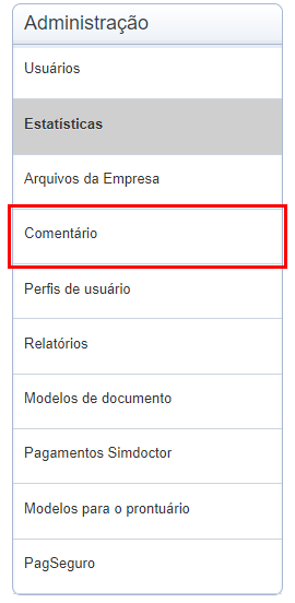 Botão 'Comentário' contornado em vermelho no menu lateral 'Administração'.