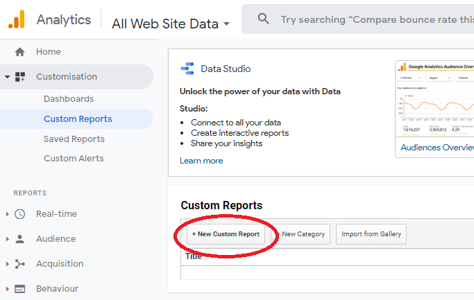 adding a new custom report in Google Analytics